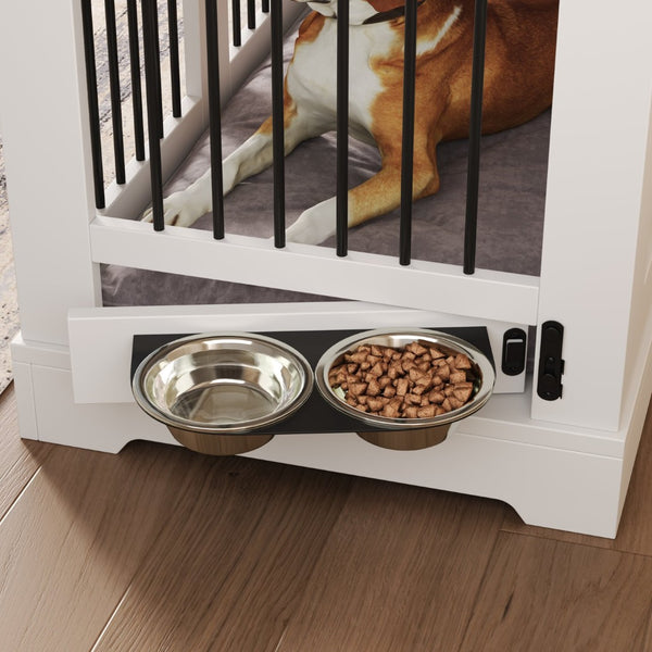 English Elm 43.3" Farmhouse Mdf Dog Crate Console with Drawers and Rotating Bowls for Large Breeds N704P414580A