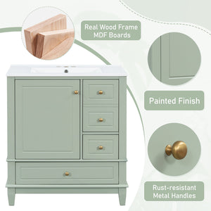 English Elm Christopher Knight Home® - 30" Freestanding Bathroom Vanity with Ceramic Sink, Soft-Close Door, Gold Knobs & 3 Drawers, Durable Painted Finish Light Green N759P225994G