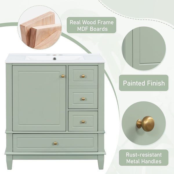 English Elm Christopher Knight Home® - 30" Freestanding Bathroom Vanity with Ceramic Sink, Soft-Close Door, Gold Knobs & 3 Drawers, Durable Painted Finish Light Green N759P225994G