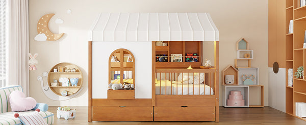 English Elm Full Size Kids House Bed with Led Bookshelf Storage Drawers and Charging Station Walnut LP000378AAL
