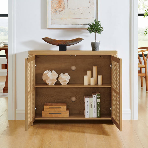 English Elm 39.4" Mid Century Modern Rattan Sideboard Buffet Cabinet with Pop-Up Doors, Charging Holes, Stylish Storage Natural W1801P362143