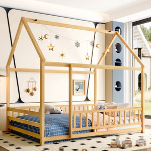 English Elm Twin Pine House Frame Floor Bed with Peaked Roof and Fence Guardrails for Kids Natural W1858P389982