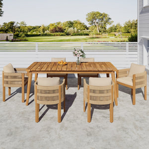English Elm Christopher Knight Home® - Outdoor Dining Set with Acacia Wood Frame, 6 Chairs & Slatted 72" Table, Waterproof Washable Cushions Beige,Brown,Teak N779P266069N_N779P279983B-3