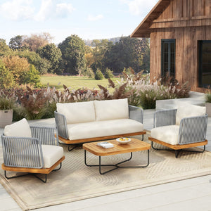 English Elm Christopher Knight Home® - Lucca Outdoor 4-Piece Acacia Wood & Rope-Woven Patio Set With Water-Repellent Cushions, Beige N773OC00017B