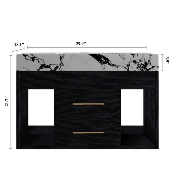 English Elm 29.9" Floating Bathroom Vanity Sintered Stone Top Soft Close Drawers Bronze Gold Hardware Black,Black White W3136S00036