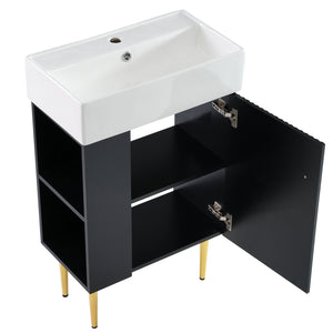 English Elm 21.6" Black Bathroom Vanity with Ceramic Sink, Left Side Storage, Gold Legs, Soft-Close Hinges and Triple-Coat Finish SV000007AAB