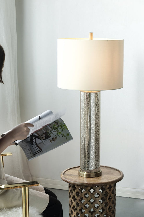 English Elm 16x16x35" Gold Mirrored Table Lamp with White Drum Shade — Transitional Glam Light for Living Rooms W2078P324075