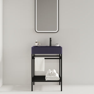 English Elm LOFI Ceramic Integrated Bathroom Vanity 24" with Rectangular Basin, Open Metal Shelf, Easy Clean Purple+Black W2615S00061