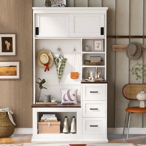 English Elm U-can Hall Tree with Storage Bench Three Drawers Open Shelves and Hooks for Entryway N724P380403K