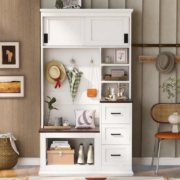 English Elm U-can Hall Tree with Storage Bench Three Drawers Open Shelves and Hooks for Entryway N724P380403K
