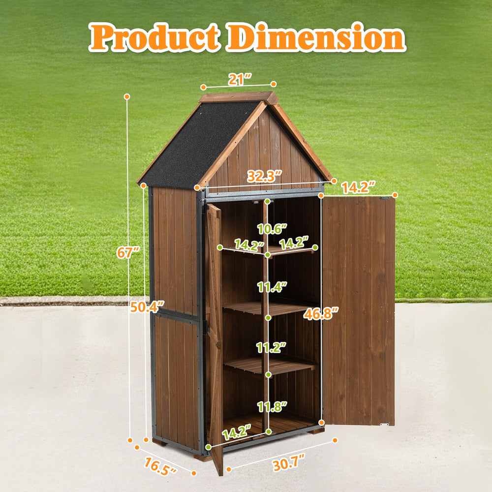 English Elm Outdoor Storage Cabinet with Wood & Metal Frame 32.3"L x 21"W x 67"H Weatherproof Garden Shed Organizer for Patio Lawn Tools and Equipment Brown+Black W1422P284303