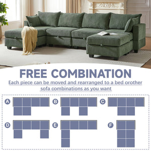 English Elm 113.5'' Modular Sectional Sofa with Storage Ottoman, Convertible U or L Shape Sleeper for 6 Seats Green W834S00251