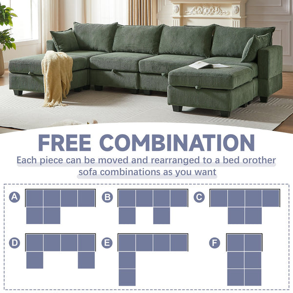 English Elm 113.5'' Modular Sectional Sofa with Storage Ottoman, Convertible U or L Shape Sleeper for 6 Seats Green W834S00251