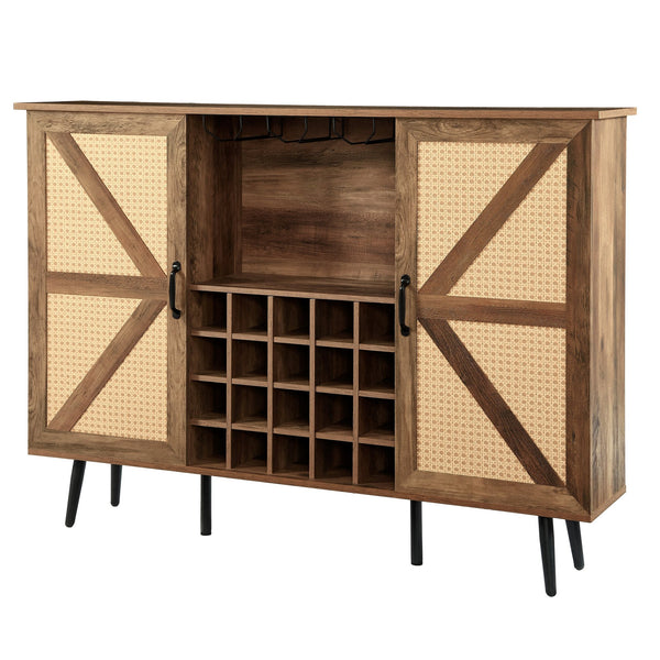 English Elm Oak Rustic Wine Cabinet with Faux Rattan Barn Doors, 20-Bottle Rack, Glass Holders, Adjustable Shelves W2702P183971