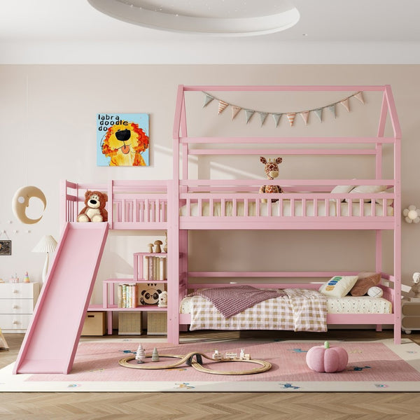 English Elm Full Bunk Bed with Trundle Bookshelf Storage Pine Frame Car Design for Kids W1580S00302