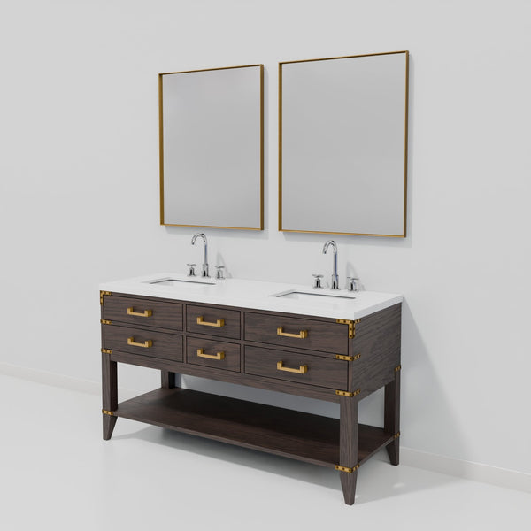 English Elm Brown Oak Double Bath Vanity Set With Cultured Marble Top, Chrome Faucet & 28" Matching Mirrors B2731S01889
