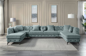 English Elm Zerah Dusty Blue Fabric Sectional Sofa with 7 Accent Pillows, Button Tufted, Pocket Coil Comfort B2726S00354
