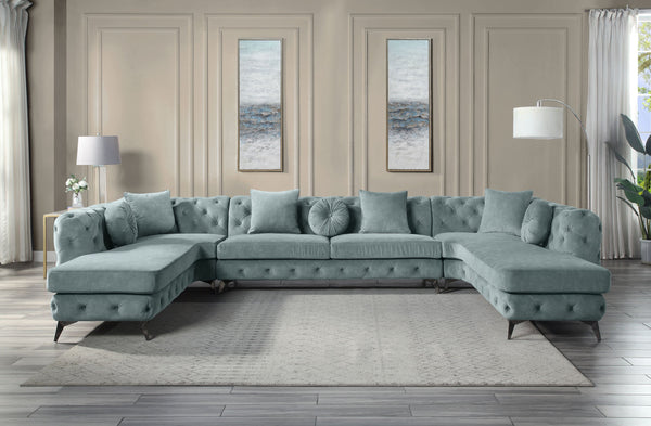 English Elm Zerah Dusty Blue Fabric Sectional Sofa with 7 Accent Pillows, Button Tufted, Pocket Coil Comfort B2726S00354
