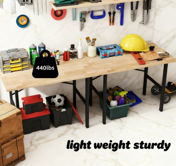 English Elm Garage Workbench with Solid Wood Surface and Powder Coated Steel X Brace Base T3971P412487