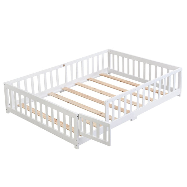 English Elm Twin Pine Wood Floor Bed with Safety Guardrails and Door for Kids Bedroom White W495123237