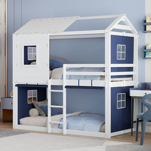 English Elm Twin Treehouse Bunk Bed Solid Pine Playhouse Frame with Cozy Canvas Tent Hideaway LT000379AAC-1
