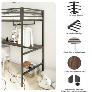 English Elm Adam Sturdy Twin Loft Bed In Black With Cinnamon Desk & Closet Rod - Perfect Space-Saving Solution! B083P154274