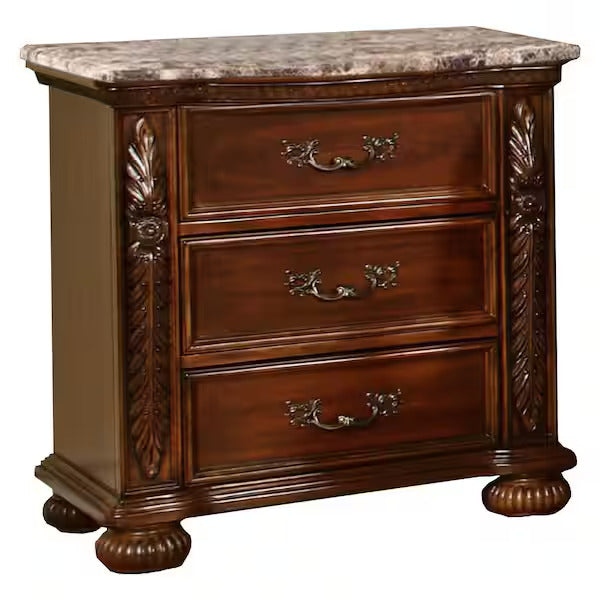English Elm Formal Cherry Solid Wood Nightstand with Faux Marble Top, 3 Velvet-Lined Drawers, Metal Handles, Fully Assembled B011P353747