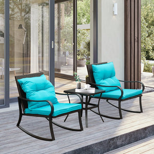 English Elm Metal Outdoor 2-Person Rocking Patio Set with Handwoven Wicker, Plush Cushions & Sturdy Table Blue W1859P399625