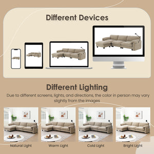 English Elm 108" Modular Sectional Sofa with USB & Type-C Chargers, Phone Cradle, Side Pockets, Movable Ottoman Light Khaki+Beige N723S7039D