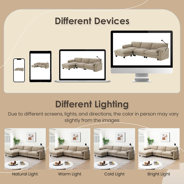 English Elm 108" Modular Sectional Sofa with USB & Type-C Chargers, Phone Cradle, Side Pockets, Movable Ottoman Light Khaki+Beige N723S7039D