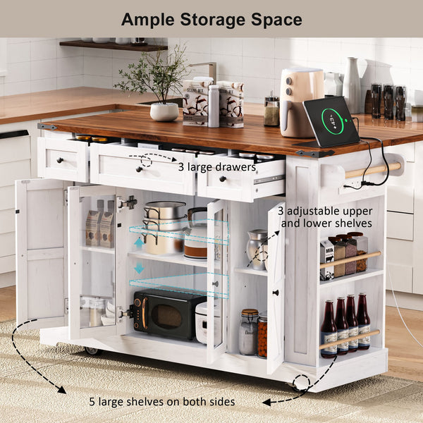 English Elm K&K 53" Farmhouse Kitchen Island with Drop Leaf, Tempered Glass Doors, Power Outlet, Rolling Cart White N707P263637W