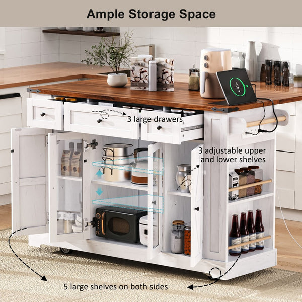 English Elm K&k Farmhouse Rolling Kitchen Island with Drop Leaf Tempered Glass Drawers and Power Outlet White N707S263637W