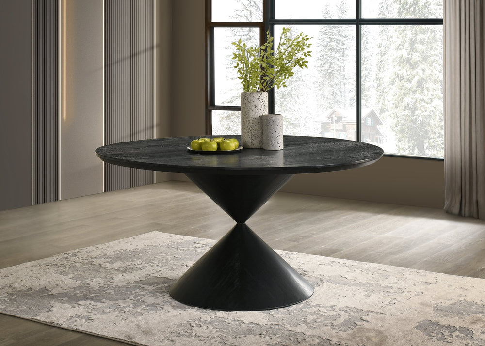 English Elm Haven 59" Round Ebony Black Pedestal Dining Table with Sculpted Hourglass Base Seats Six Elegantly B061S00894