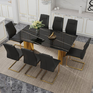 English Elm Table Set With Glass Top & Gold Stainless Steel Legs, 8 Black Pu Chairs For Modern Dining Elegance W1151S04329-GIGA