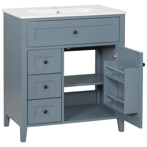 English Elm 30-Inch Contemporary Bathroom Vanity with Sink, MDF & Rubberwood, Glossy Finish, 3 Drawers + Cabinet Blue Gray N725P350819E
