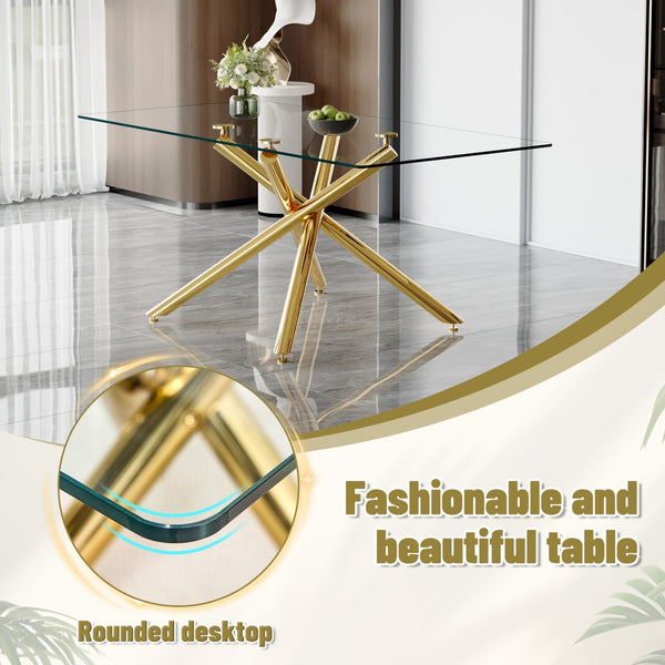 English Elm Table Modern Luxurious Transparent Glass Dining Set With 8 Dark Gray Pu Chairs & Gold Legs W1151S02592-GIGA