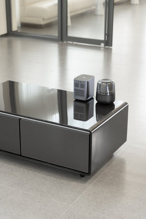 English Elm Modern Coffee Table with Built in Fridge Power Outlets and 135l Cold Storage Black W1172P483602