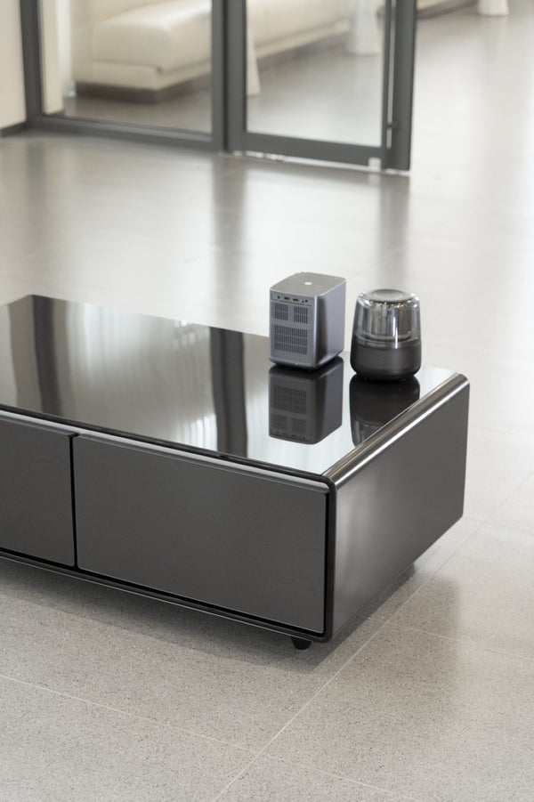 English Elm Modern Coffee Table with Built in Fridge Power Outlets and 135l Cold Storage Black W1172P483602
