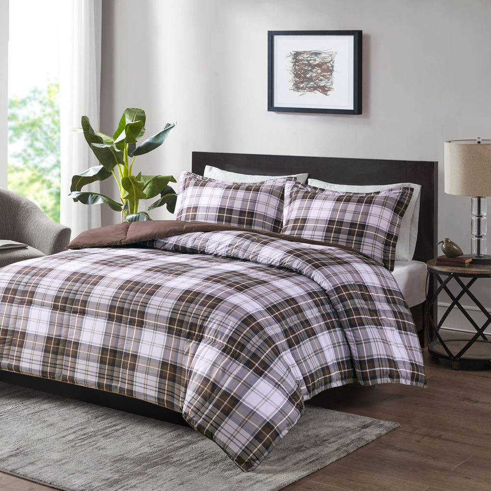 JLA Home Madison Park Essentials - 3M Scotchgard All-Season Plush Down Alternative Comforter Set with Plaid Design, Antimicrobial Protection Brown MPE10-950
