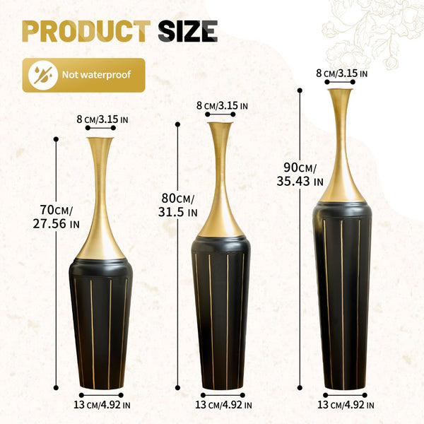 English Elm 3-piece Handcrafted Metal Floor Vase Set Matte Finish Architectural Trio for Entryway Black+Gold W2796P446204