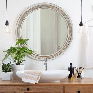 English Elm Vintage Round Wood Wall Mirror Beaded Ornate Frame Farmhouse Cottage Decor Accent W2295P414109