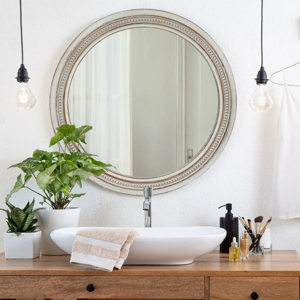 English Elm Vintage Round Wood Wall Mirror Beaded Ornate Frame Farmhouse Cottage Decor Accent W2295P414109