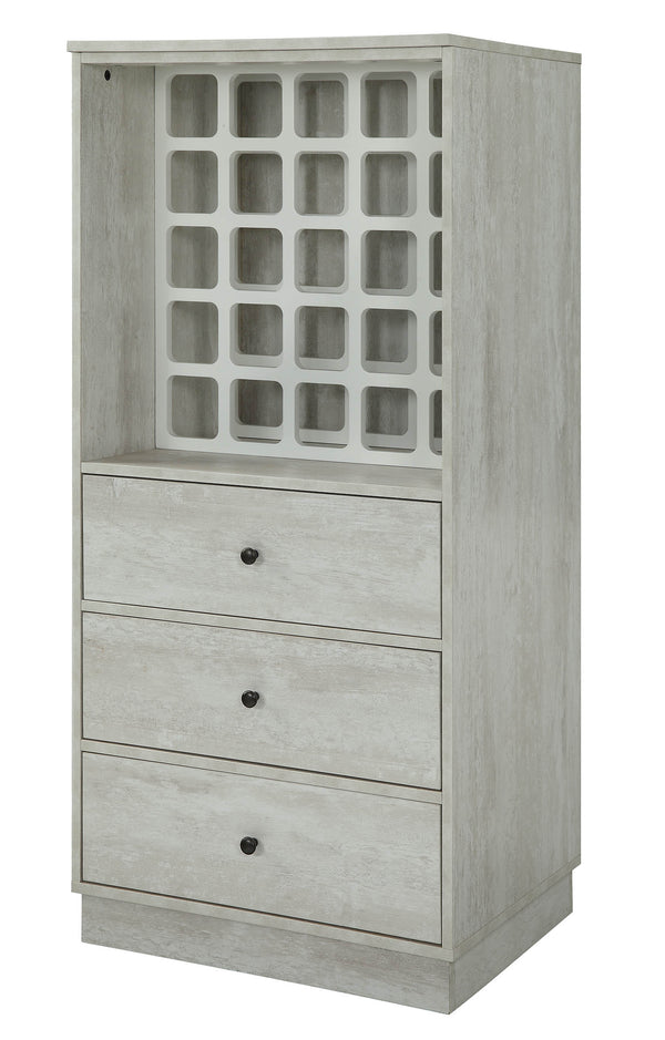 English Elm Wiesta Antique White Wine Cabinet with 25-Bottle Rack, 3 Drawers, Full Finish, Freestanding Storage B2726P272974