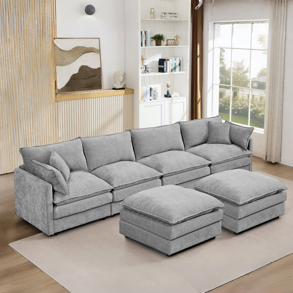English Elm Modular U-Shaped Sectional Sofa – 130.7 Inch Comfy Chenille Couch With Movable Ottomans, Grey W1359S00040