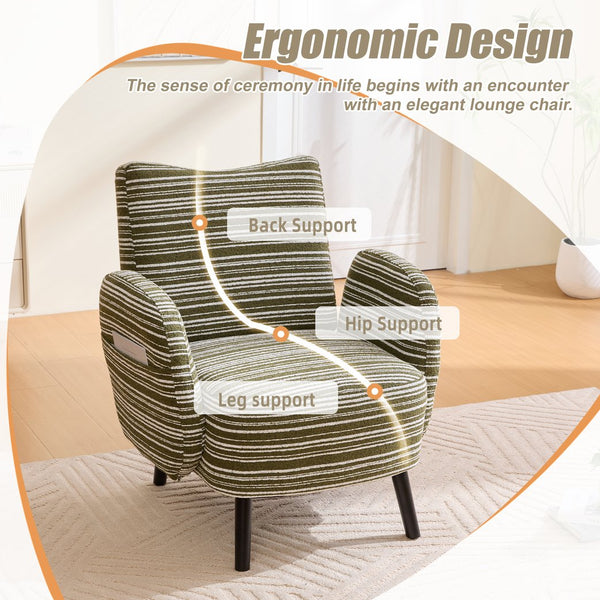 English Elm Modern boucle armchair with high-density foam cushion, solid wood legs, 500lb capacity, cozy reading seat Olive Green W395P376571