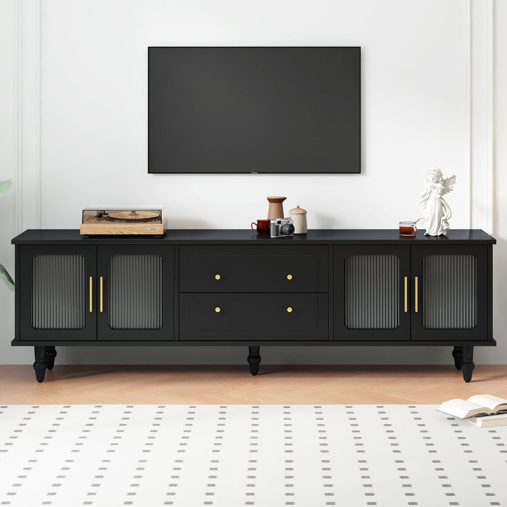 English Elm ON-TREND Retro Fluted Glass TV Stand for TVs up to 78" — Vintage Media Console with 2 Drawers, 2 Cabinets, Durable Black Finish WF325997AAB