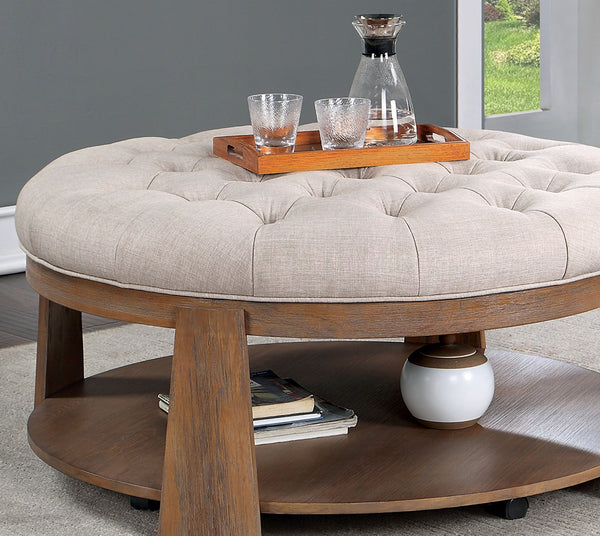 English Elm Transitional Round Coffee Table with Wire-Brushed Frame, Button-Tufted Padded Seat and Open Shelf, Rustic Finish Beige,Natural 44 L x 44 W x 9 H B2741P360141