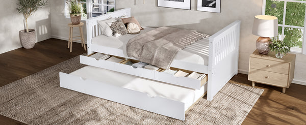 English Elm Twin Solid Wood Platform Bed with Trundle and Two Drawers, White Daybed for Kids Guests Off White W1580S00262