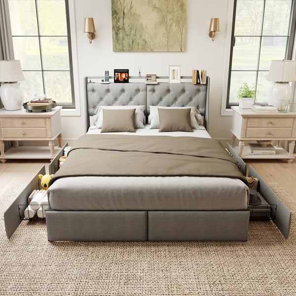 English Elm Queen Storage Platform Bed with Rgb Lighting Linen Headboard and Built-in Charging T3963P437337