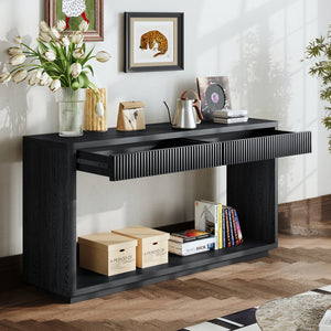English Elm 60" Modern 2-Drawer Fluted Console Table with Real Wood Veneer, Slim Profile, Sturdy 80lb Capacity, Versatile Entryway Organizer Black W1435P337642